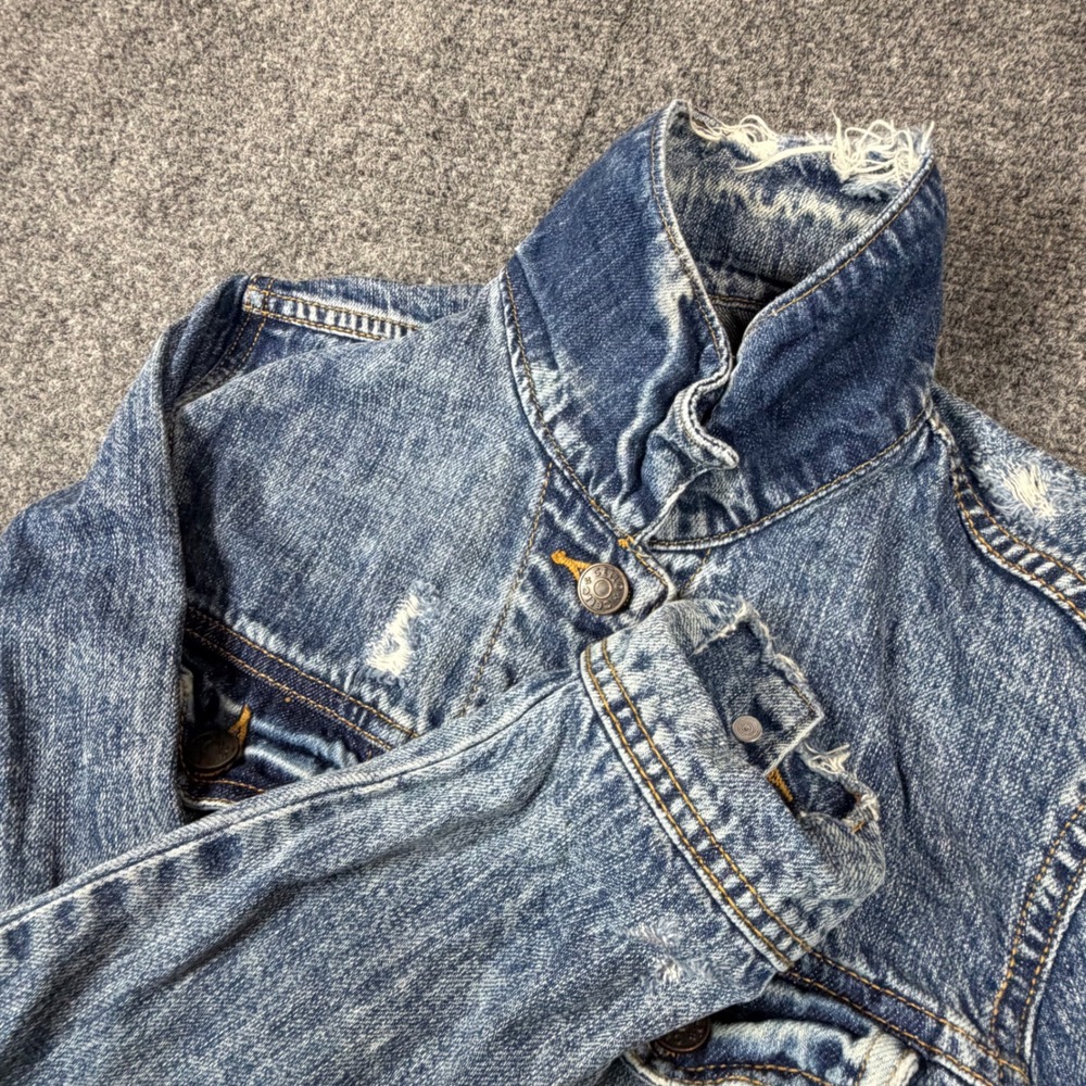 Cello Blue Acid Wash Distressed Denim Trucker Jacket Raw Hem WV1066 Women Size S